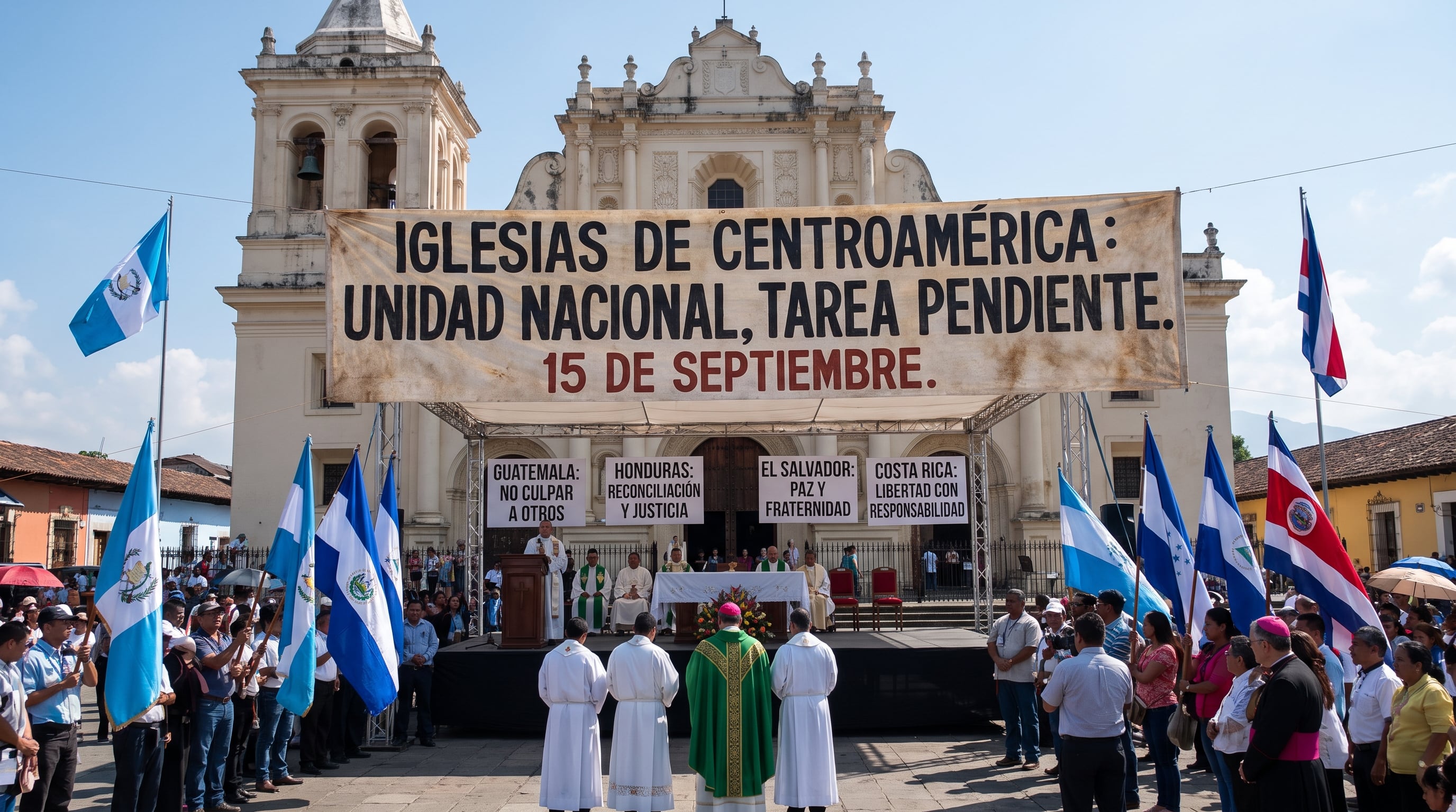 Líderes de la Iglesia católica y ciudadanos se congregan ante un altar exterior con pancartas que reclaman la unidad de Centroamérica durante la conmemoración patria. (Imagen Ilustrativa Infobae)