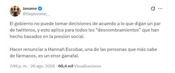 La activista Jerome Sanabria calificó la salida de Escobar como un error y cuestionó que las decisiones de Gobierno puedan estar condicionadas por presiones en redes sociales - crédito @SoyJerome__/X