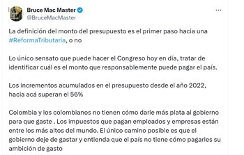 Bruce Mac Master, presidente de la Andi, dice que los colombianos no tienen cómo financiar el gasto del Gobierno - crédito @BruceMacMaster/X