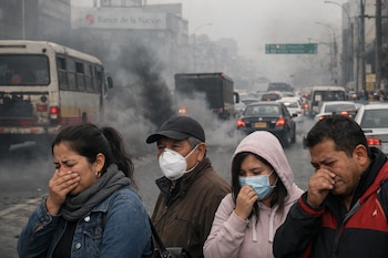 Quatro pessoas na frente, algumas usando máscaras ou cobrindo a boca, reagem à espessa fumaça preta que sai de um ônibus em uma estrada congestionada em Lima.