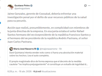 El presidente Gustavo Petro aseguró que Jaime González, exgerente de Coosalud, debe ser investigado penalmente - crédito @petrogustavo/X