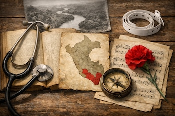 Mesa de madera con libro abierto, estetoscopio, mapa de Perú, brújula antigua, flor roja, partituras, foto desaturada de río y pulsera hospitalaria.