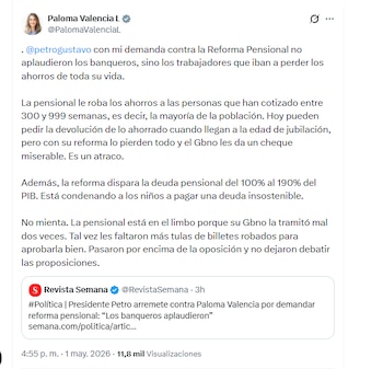 A candidata Paloma Valencia critica as reformas previdenciárias do presidente Gustavo Petro - crédito @PalomaValenciaL/X