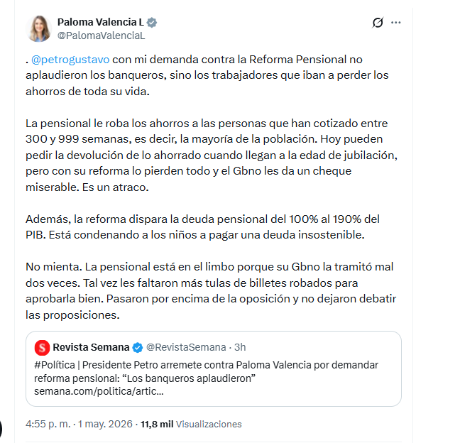 La candidata Paloma Valencia criticó la Reforma Pensional del presidente Gustavo Petro - crédito @PalomaValenciaL/X