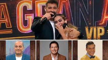 Yaco Eskenazi abraza a una mujer en el escenario de La Granja VIP; debajo, se muestran retratos de Adolfo Aguilar, Cristian Rivero y Kurt Villavicencio.