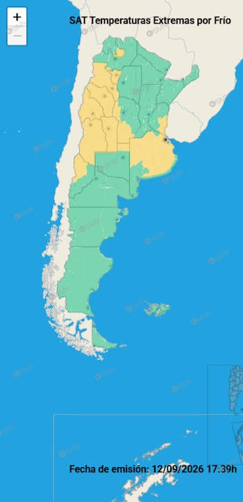 El mapa del Sistema de Alerta Temprana muestra las zonas alcanzadas por la advertencia por bajas temperaturas
