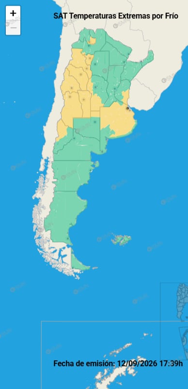 El mapa del Sistema de Alerta Temprana muestra las zonas alcanzadas por la advertencia por bajas temperaturas