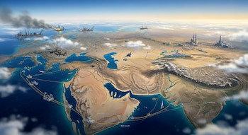 Mapa aéreo del Golfo Pérsico con rutas marítimas, buques de guerra, plataformas petroleras, bases militares y ciudades costeras, con nubes.