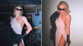 Vestido rosa bebé, boa negra