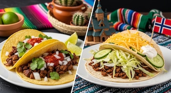 Dos platos de tacos, uno con tortillas de maíz, carne, cilantro y cebolla, y otro con tortillas de harina, carne, lechuga, pepino, queso y bandera de Noruega.