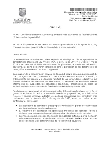 Las clases solo se suspenderán durante el 6 de agosto - crédito Secretaría de Educación en Cali