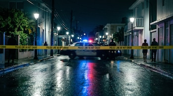 Calle nocturna mojada con cinta policial amarilla, un patrullero con luces rojas y azules, varias farolas, edificios y siluetas de personas.
