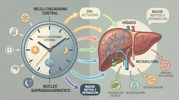 Infografía del reloj circadiano central y su efecto en el hígado. Muestra un reloj con sol y luna, flechas indicando día y noche, y un diagrama del hígado con funciones metabólicas.