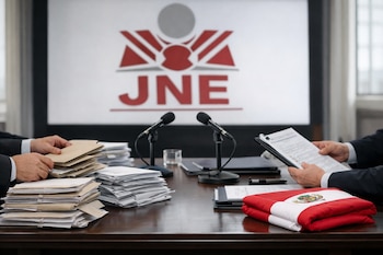 Mesa de madera con manos de dos personas, documentos apilados, sobres, bandera de Perú doblada, dos micrófonos, vaso, portapapeles y el logo JNE en el fondo.
