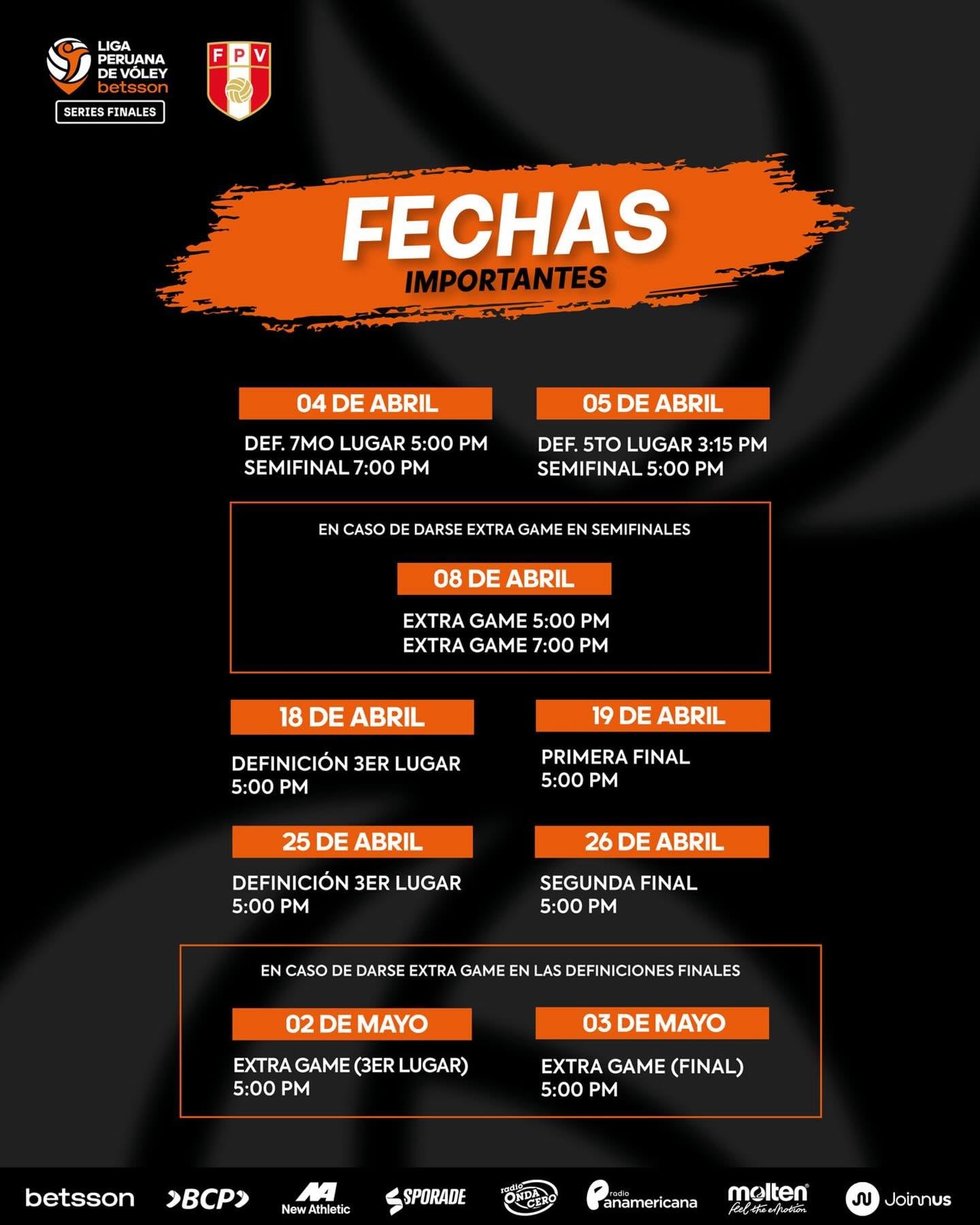 Este gráfico muestra las fechas importantes del cierre del campeonato de la Liga Peruana de Vóley Betsson, detallando los partidos de semifinales, definición del tercer lugar y finales, incluyendo posibles extra games desde abril hasta mayo. (Liga Peruana de Vóley)
