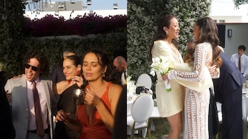 Fotografía dividida en dos partes que muestra a personas vestidas de gala celebrando en una fiesta al aire libre