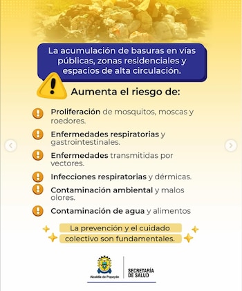 Aumentan los riesgos epidemiológicos con la proliferación de lixiviados, plagas y enfermedades transmitidas por vectores, alertó la Secretaría de Salud de Popayán - crédito Alcaldía de Popayán