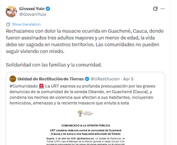 Rechazo a la masacre en Guachené, Cauca - crédito @GiovaniYule/X
