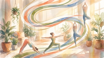 Cuatro figuras humanas estilizadas en poses de yoga, trazos de colores ascendentes, plantas en macetas y un fondo interior con luz.