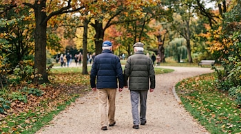 Dos hombres adultos mayores caminan de espaldas por un camino de grava en un parque rodeado de árboles con follaje otoñal.