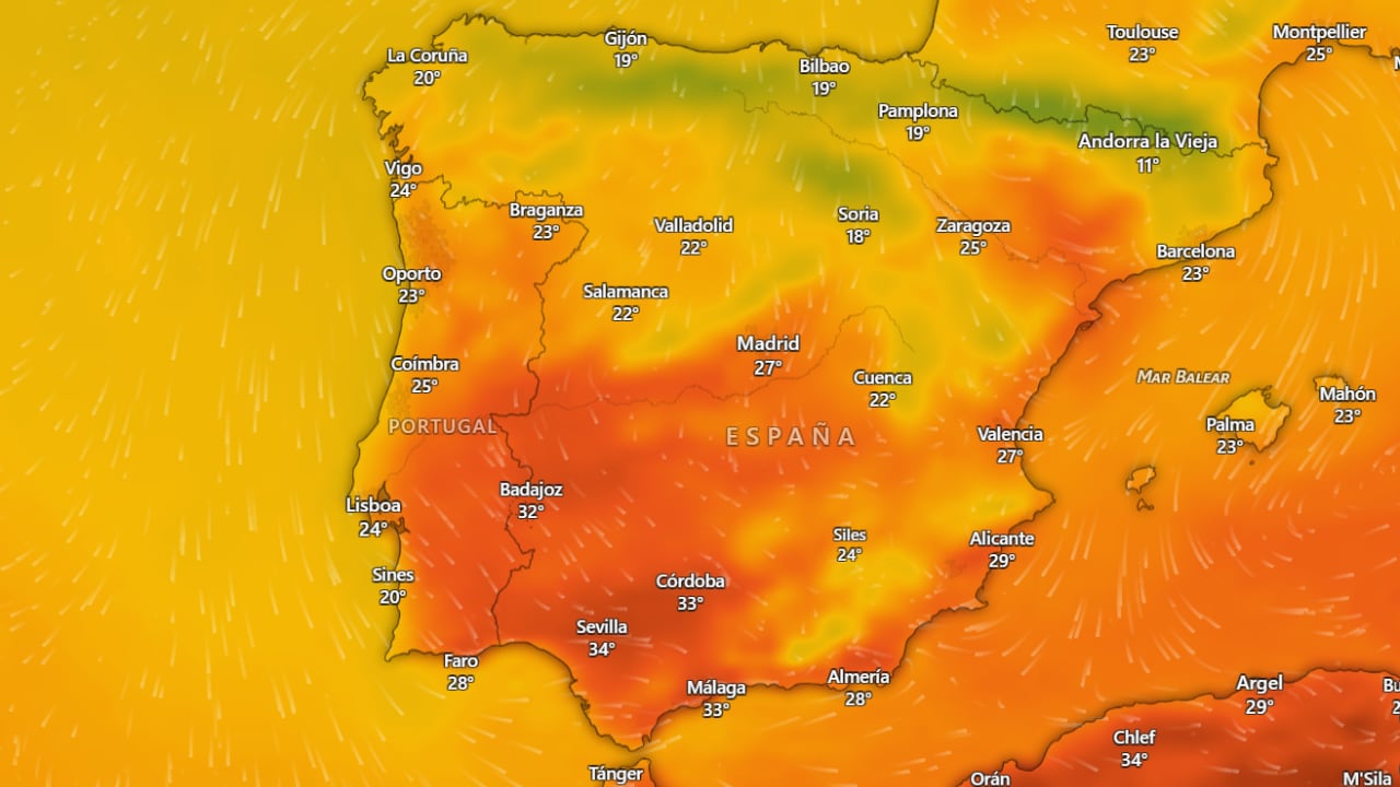 Mapa de las temperaturas en España el miércoles 9 de septiembre de 2026. (Windy)