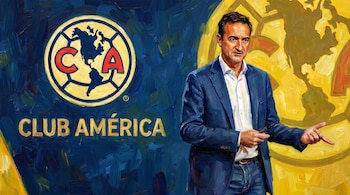 Ilustración de Jose Reverter, un hombre de piel morena clara, traje azul y camisa blanca, gesticulando con la mano derecha, sobre fondo azul con el logo de Club América.