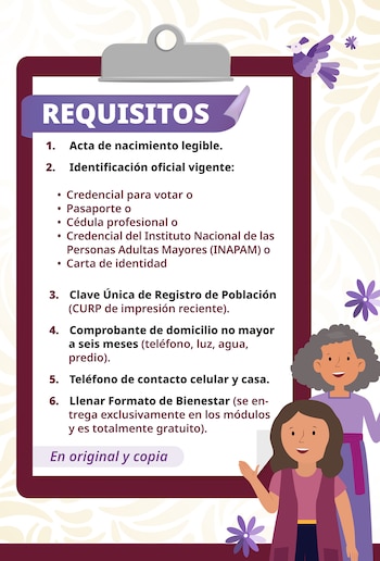 Los requisitos para inscribirse incluyen acta de nacimiento, identificación oficial vigente, CURP reciente, comprobante de domicilio no mayor a seis meses y teléfono de contacto.
(Secretaría del Bienestar)