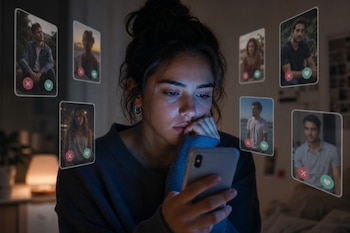 Una mujer sostiene un teléfono móvil mientras flotan a su alrededor tarjetas con fotos de personas y botones de aceptación y rechazo.