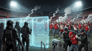 Agentes de policía con escudos protectores frenan a aficionados que lanzan objetos dentro de un estadio de fútbol iluminado.
