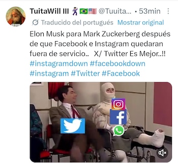 Captura de pantalla de un meme. Mr. Bean sonríe junto a una persona vendada en silla de ruedas, con logos de X, Instagram, Facebook y WhatsApp superpuestos