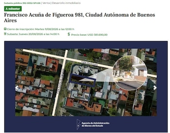 Captura de pantalla de un sitio web sobre subasta de inmuebles, incluye título, fechas, precio base, un mapa aéreo y una foto de la propiedad