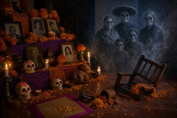Altar escalonado con retratos, calaveras decoradas, flores de cempasúchil, pan de muerto, velas y figuras esqueléticas entre humo.