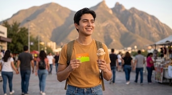 Un joven mexicano sonríe mientras sostiene un helado y una tarjeta de descuentos. De fondo, una calle turística con personas y montañas al atardecer.