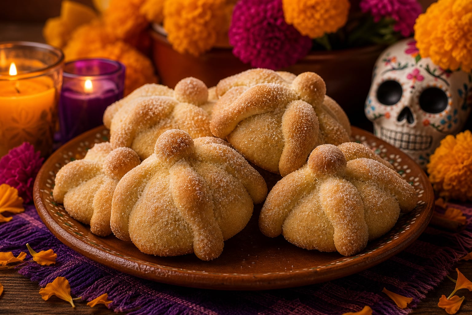 Un plato de barro con galletas horneadas con forma de pan de muerto acompaña una ofrenda con flores de cempasúchil, velas y una calavera decorativa. (Imagen Ilustrativa Infobae)
