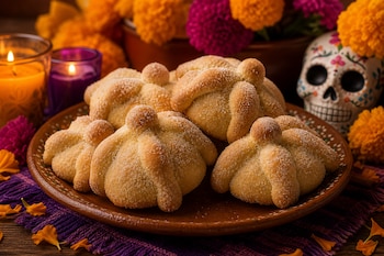 Galletas espolvoreadas con azúcar en un plato de barro junto a flores de cempasúchil, dos velas encendidas y una calavera decorada.