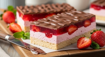 Barras de postre con capas de bizcocho, mousse rosa, gelatina de fresa con trozos de fresa y cobertura de chocolate, decoradas con fresas y menta.