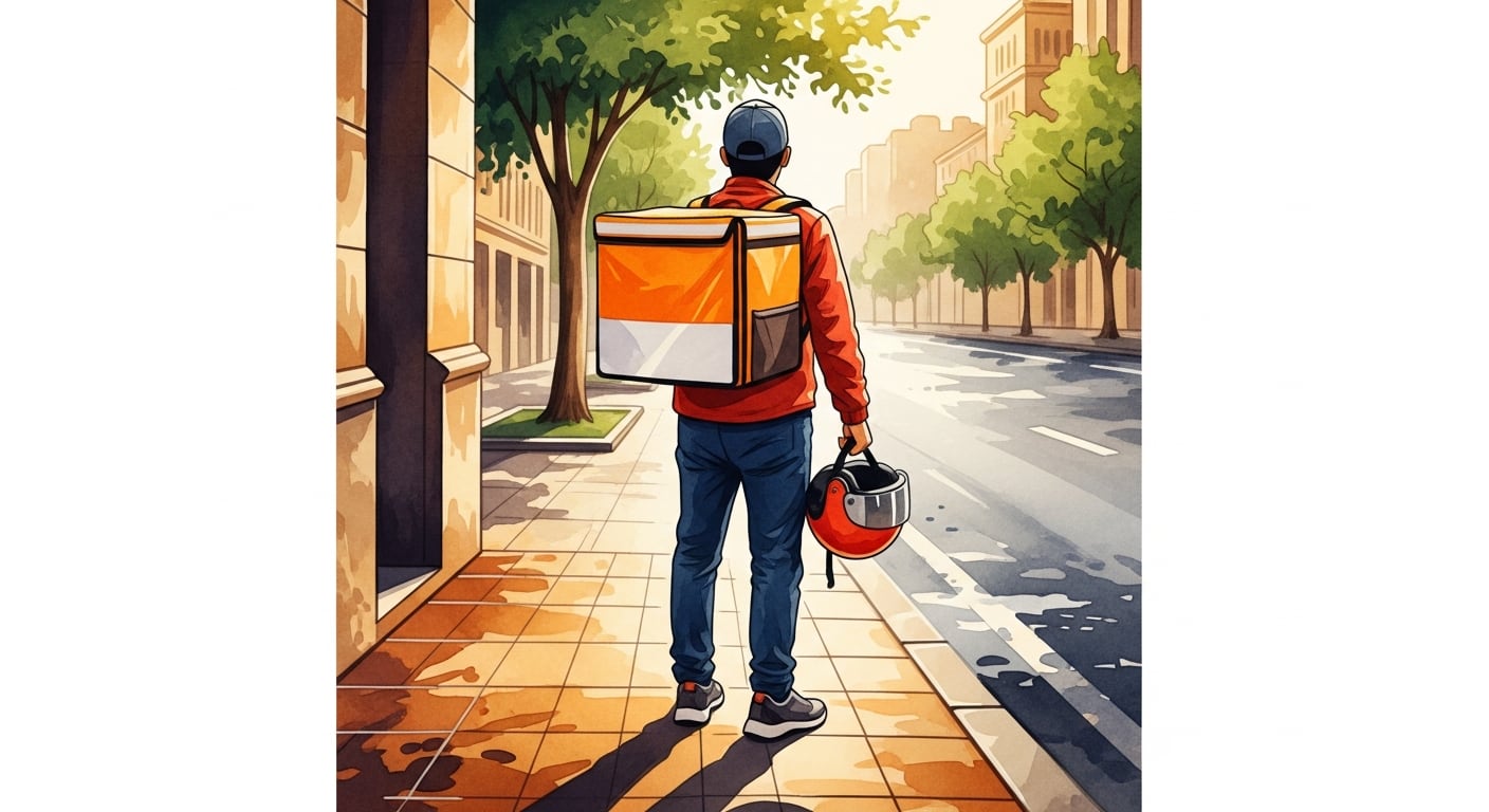 Un repartidor se encuentra de pie en una vereda urbana, con una mochila térmica de entrega y un casco en su mano, mientras espera en una calle de la ciudad durante una tarde cálida. (Imagen Ilustrativa Infobae)