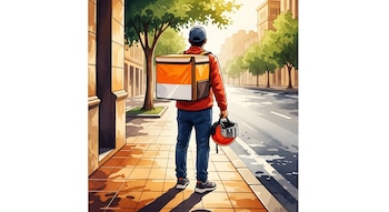 Repartidor visto de espaldas con mochila térmica naranja y casco rojo. Está en una vereda con baldosas, junto a una calle urbana con edificios y árboles.