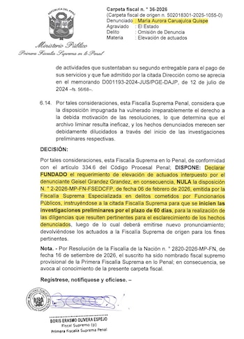 Documento oficial del Ministerio Público de Perú con texto, partes resaltadas en amarillo, firma y sellos institucionales