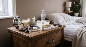 Mesa de noche de madera con un reloj, taza, anteojos, cables, libro y botella de agua junto a una cama con sábanas.