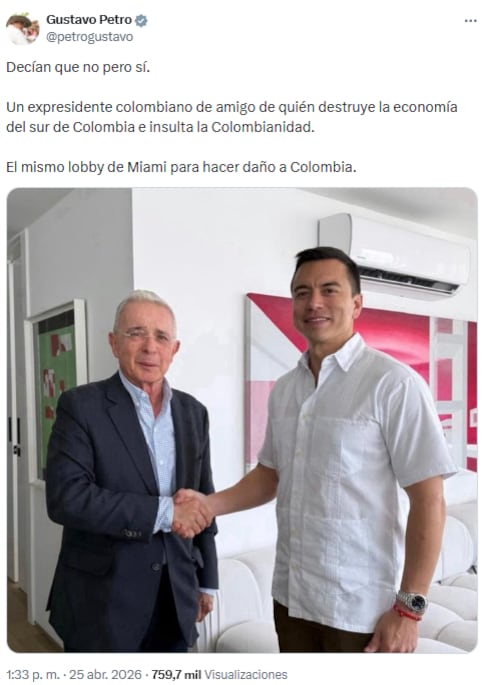 Gustavo Petro cuestionó relación entre Álvaro Uribe y Daniel Noboa tras difusión de fotografía y acusó injerencia externa - crédito @petrogustavo/X