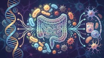 Un intestino central rodeado por bacterias. Flechas conectan el intestino a una doble hélice de ADN con engranajes y a diferentes tipos de células.