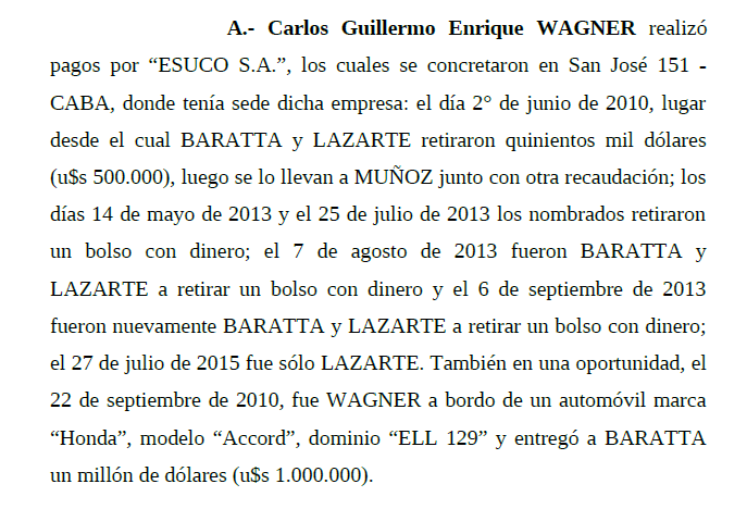 Las coimas que habría pagado Carlos Wagner: fragmento de la elevación a juicio firmadas por Claudio Bonadio