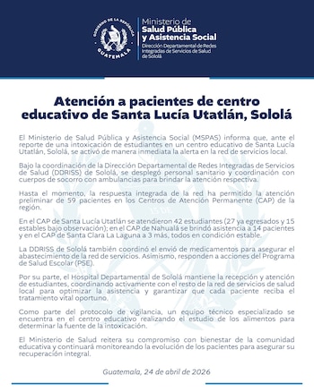 Documento oficial del Gobierno de Guatemala y el Ministerio de Salud Pública y Asistencia Social con el escudo nacional y texto en español sobre atención médica