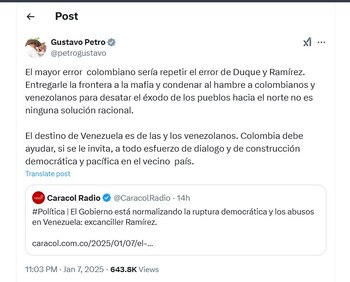 Gustavo Petro defendió la postura de su Gobierno frente a las relaciones con Venezuela - crédito @petrogustavo