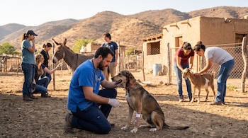 Un grupo de personas asiste a animales. Se observa un veterinario con un perro vendado, un burro y una cabra, en un entorno rural con montañas y edificios de adobe.