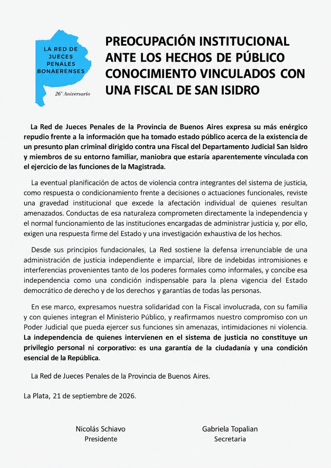 La Red de Jueces Penales de la Provincia de Buenos Aires emite un comunicado de repudio ante un presunto plan criminal contra una fiscal del Departamento Judicial de San Isidro.