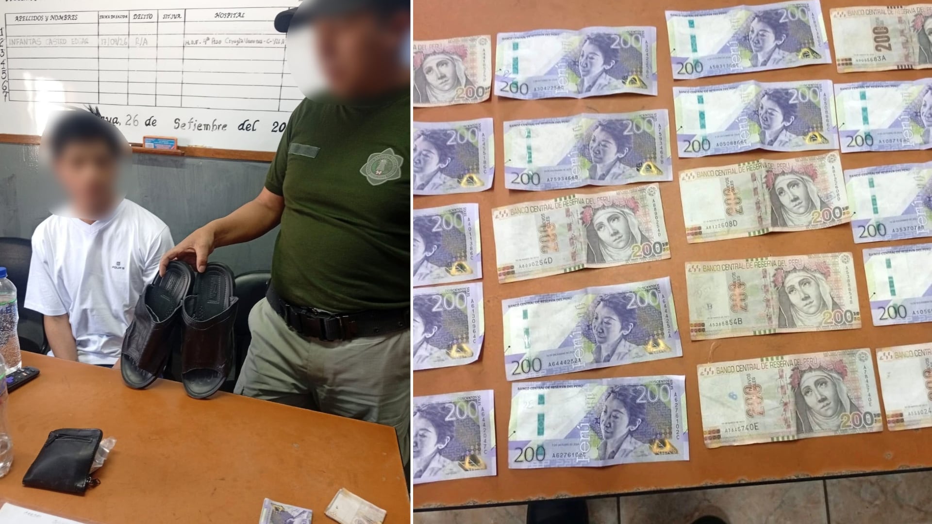 En Arequipa, un visitante llevaba S/4.000 escondidos en sus sandalias, distribuidos en 20 billetes de S/200. También se encontró dinero adicional en su monedero. Composición: Infobae