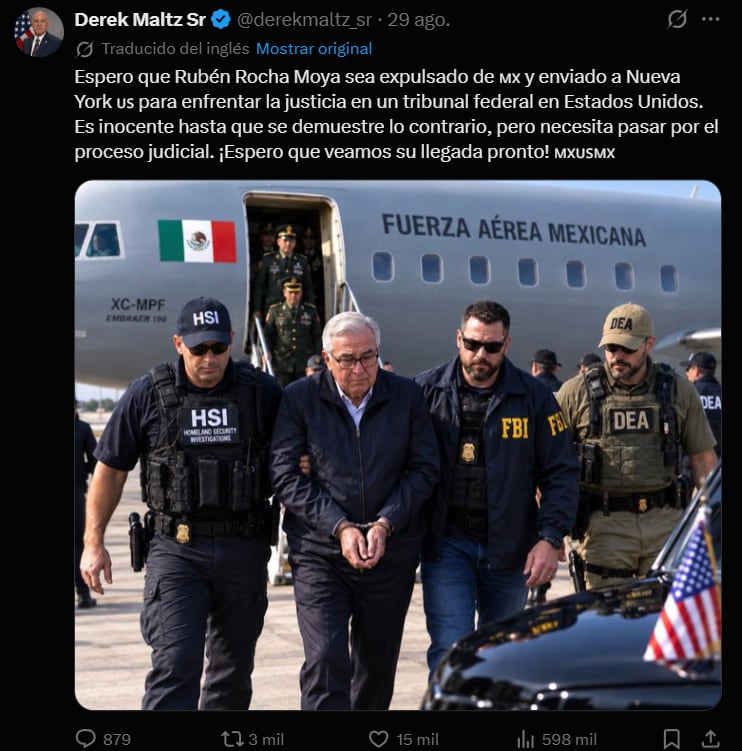 La pieza circula en redes con un montaje que lo presenta bajo custodia de la DEA, el FBI y el HSI, junto con un texto que pide su envío a Nueva York