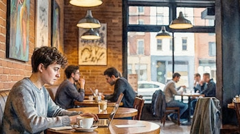 Ilustración en acuarela de una persona joven con cabello rizado usando una laptop en una mesa de café con una taza. Otras personas están en el fondo.